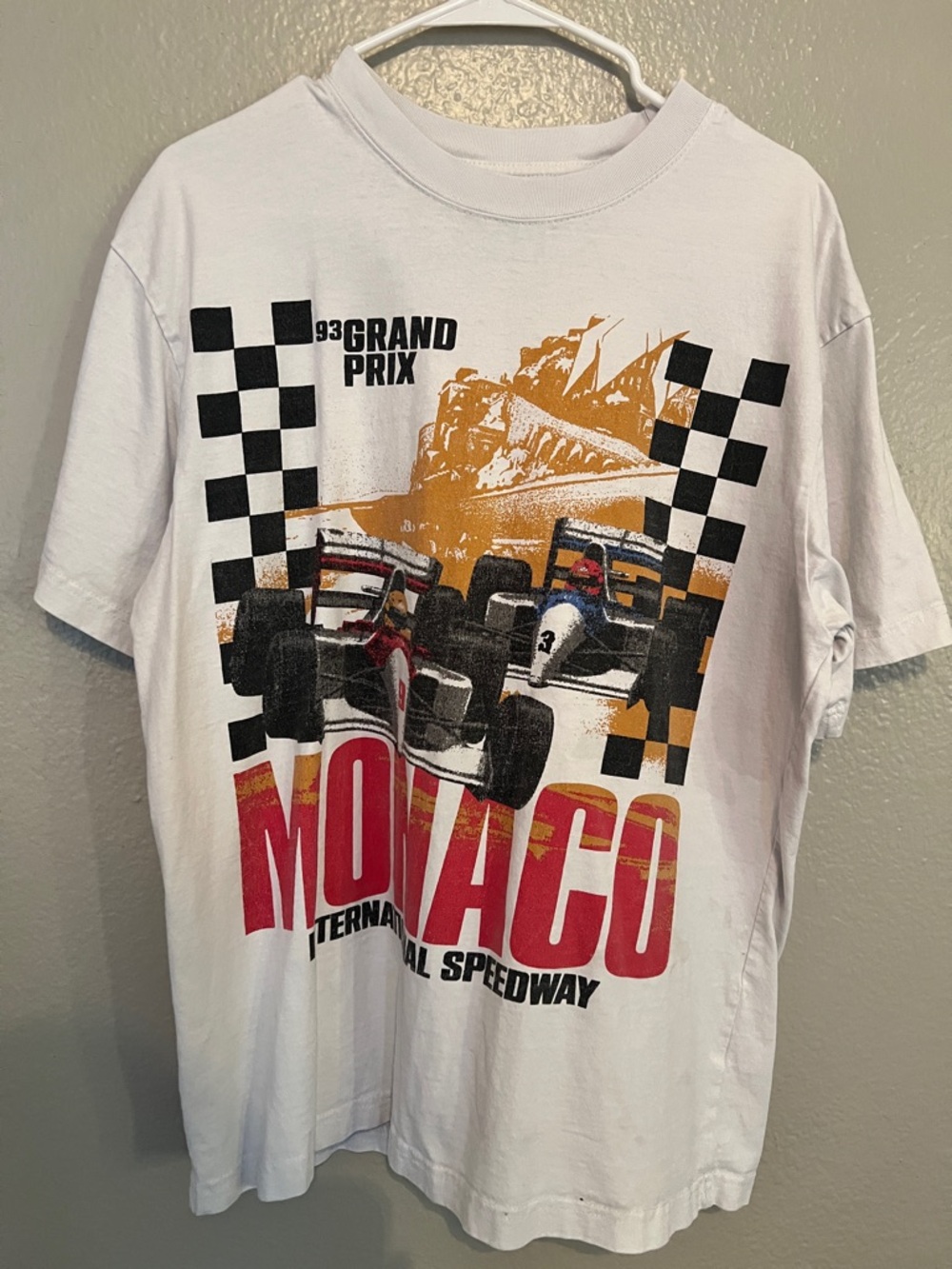 PacSun White Monaco Grand Prix Graphic Tee with Red and Gold Print
